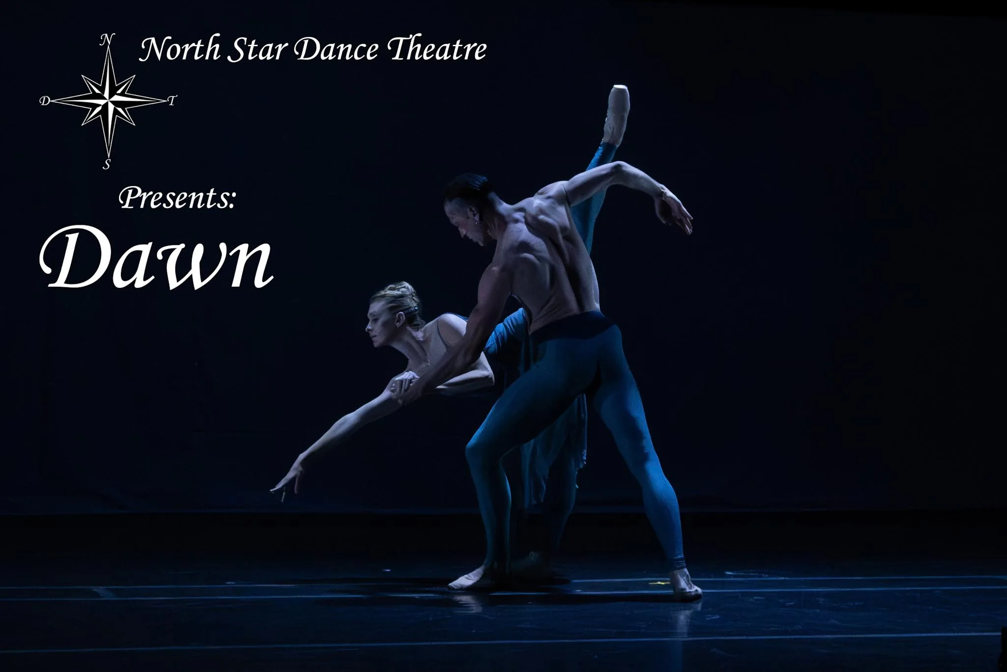 Dancers in blue costumes perform a pose on a dark stage as the title 'North Star Dance Theatre Presents: Dawn' appears on the left.