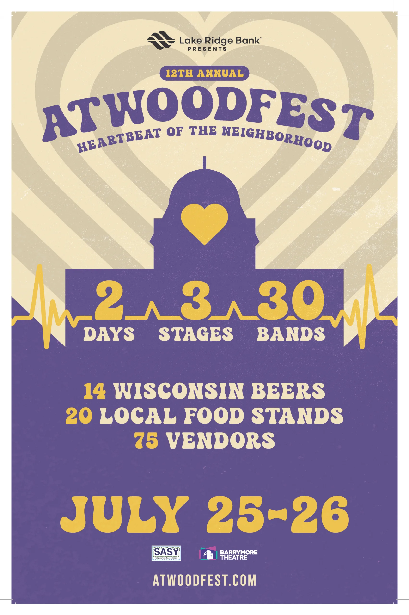 ATWOOD FEST poster with purple and yellow design, listing 14 Wisconsin beers, 20 local food stands, 75 vendors for July 25–26.
